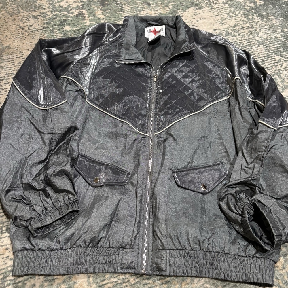 ACTIVE FRONTIER 90's Sporty Shiny Quilted Silver Full-Zip Windbreaker XL